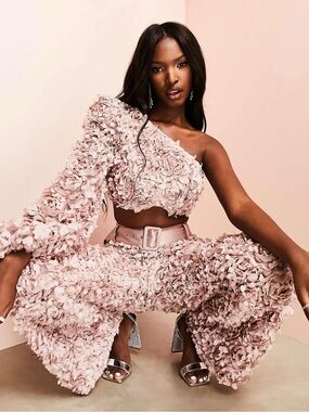 Blush Pink 3D Floral Appliqué Pants